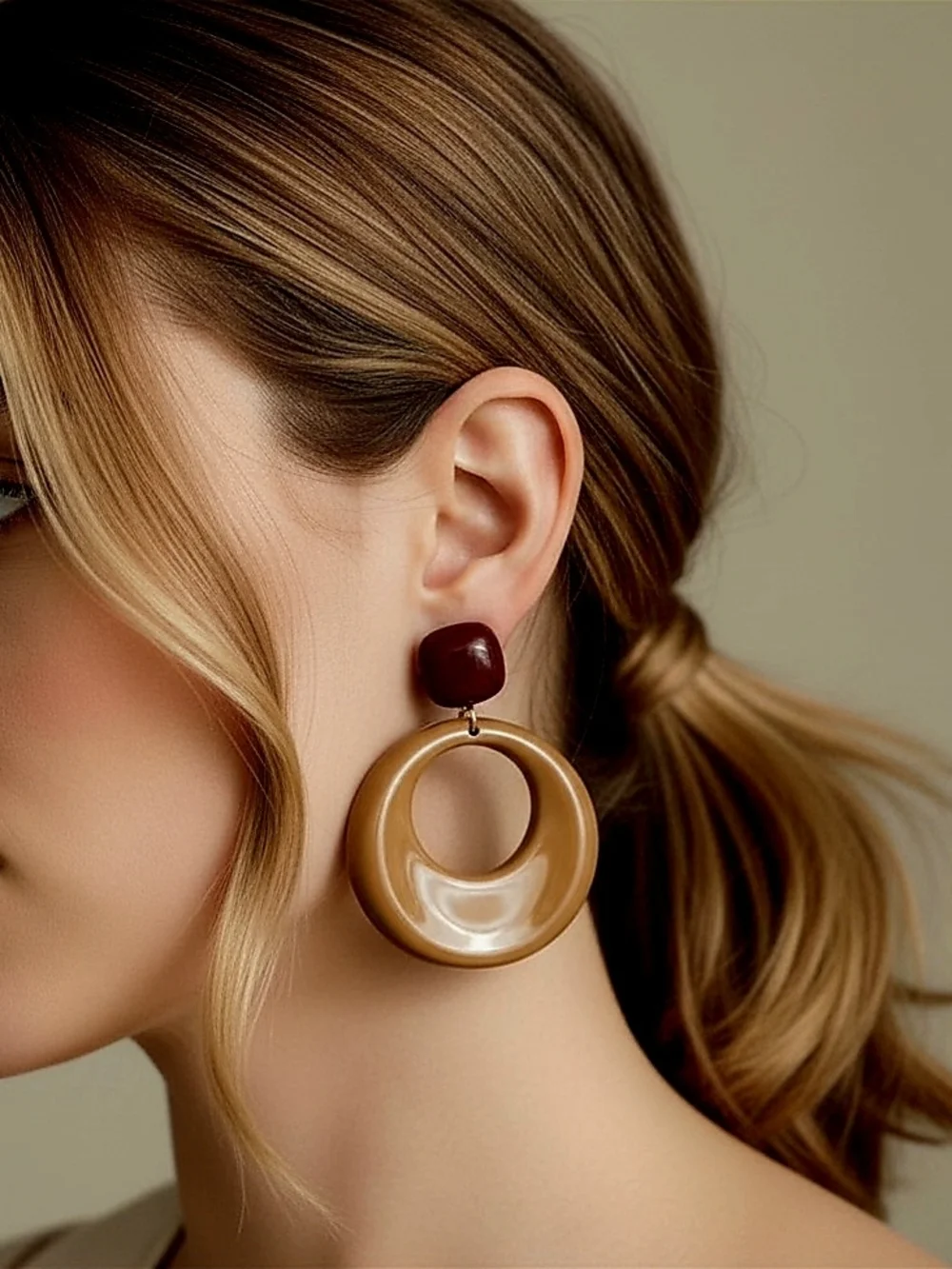 Brown Hoop Drop‎ Earrings with Burgundy Studs - S925 Needle Women Jewelry
